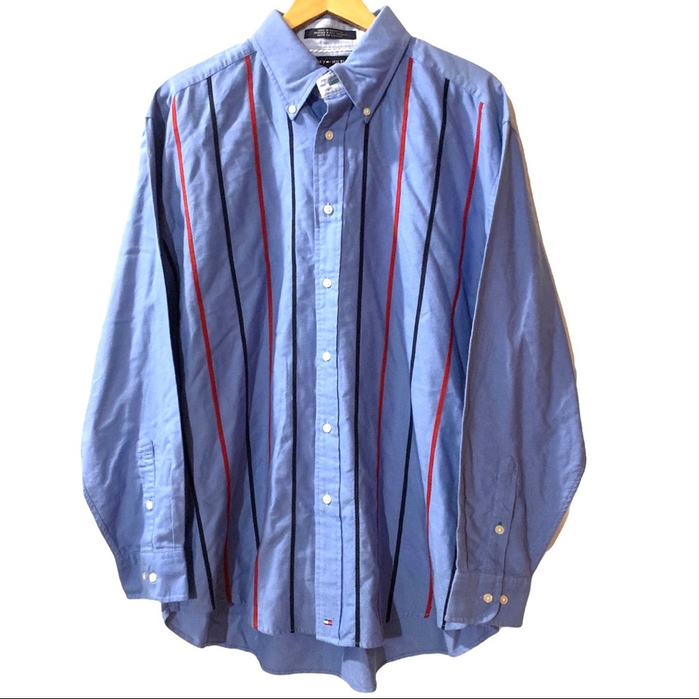 Vintage L Tommy Hilfiger Button NOS Blue with red & black banding stripes cotton